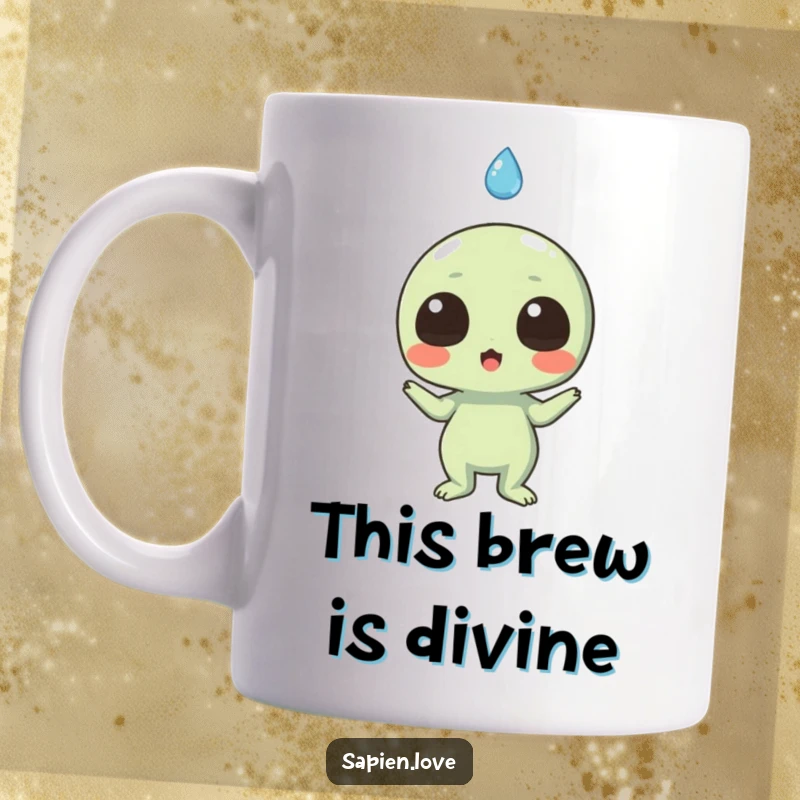 Funny mug depicting an excited alien character comically surprised by a friendly, smiling falling raindrop.