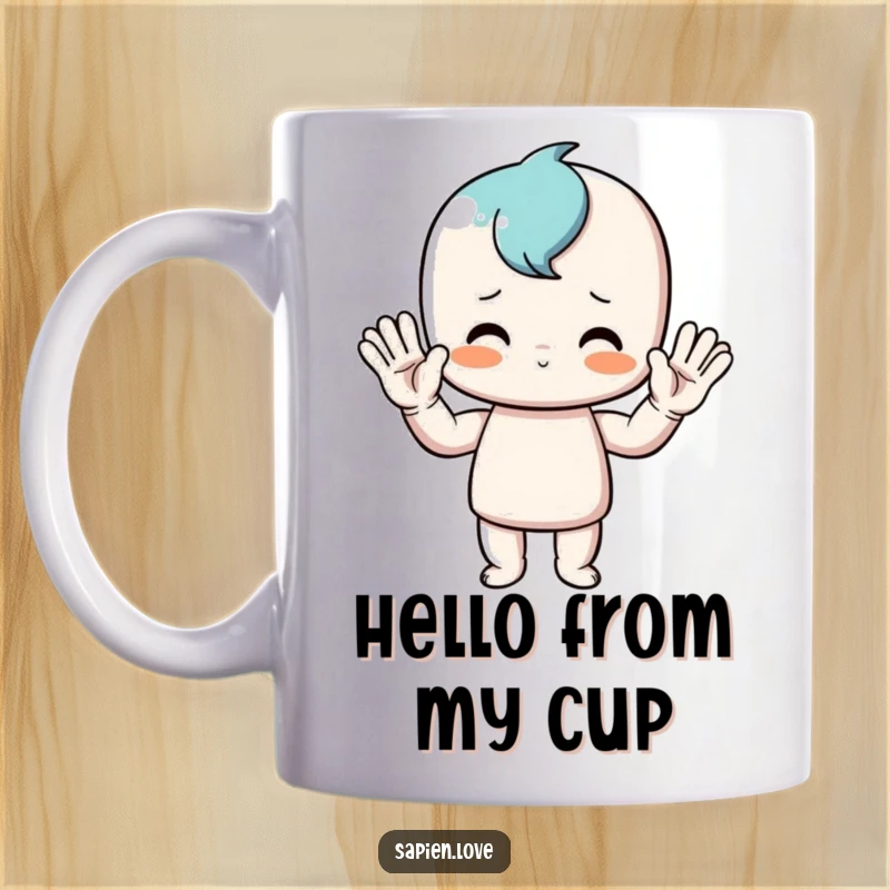 Funny mug showing a stick figure doing an extremely energetic and exaggerated waving motion with both hands, conveying pure joy and friendliness.