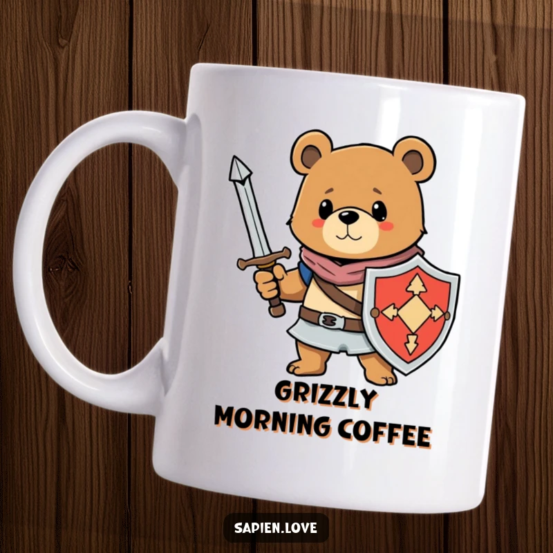 Funny mug depicting a bear character bravely holding a sword and shield, ready for a comically heroic adventure.