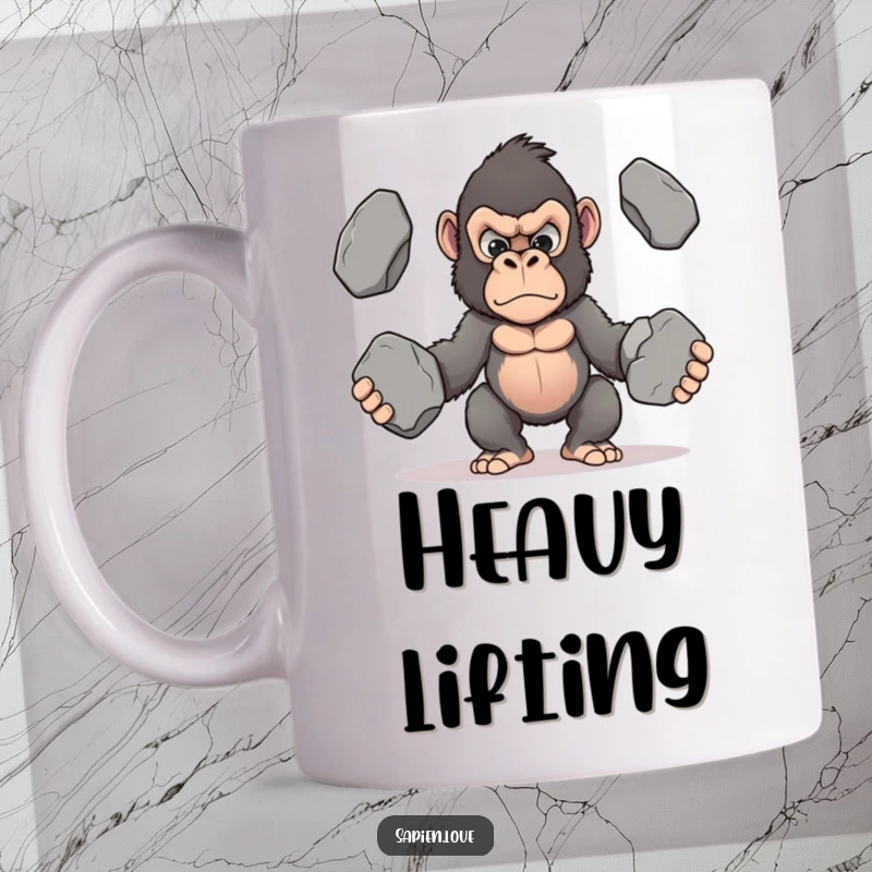 Funny Kawaii Gorilla Mug, a determined gorilla juggling large stones, perfect for strong and ambitious personalities.