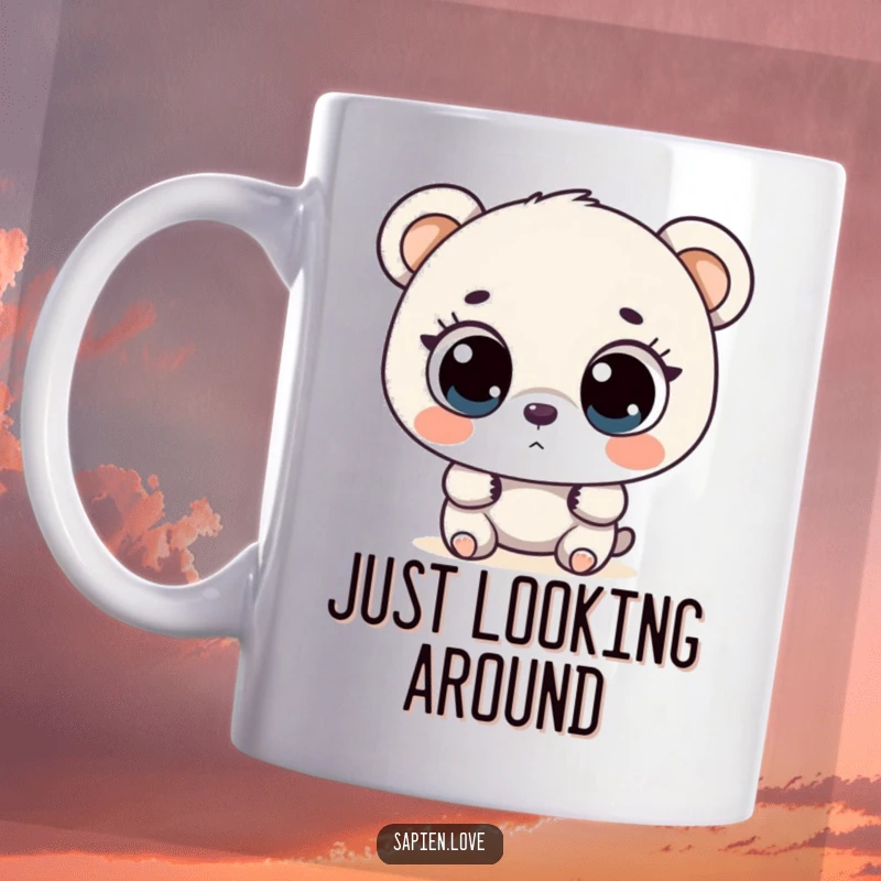 Funny bipedal bear with large, curious eyes exploring, a charming and humorous mug for adventurers.