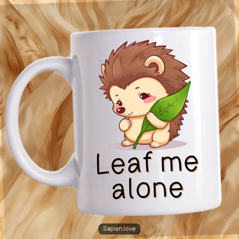 Funny Hedgehog Mug featuring a curious hedgehog character closely examining a leaf with fascination.