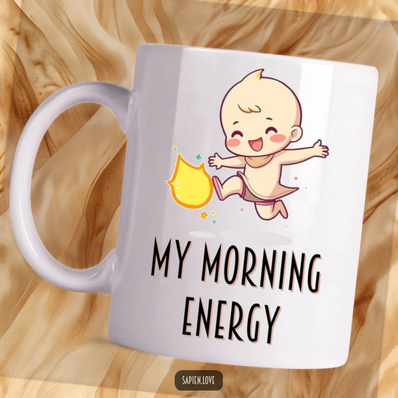 Funny mug showing a character gleefully kicking a small, bright meteor, embodying a playful and powerful attitude towards cosmic events.