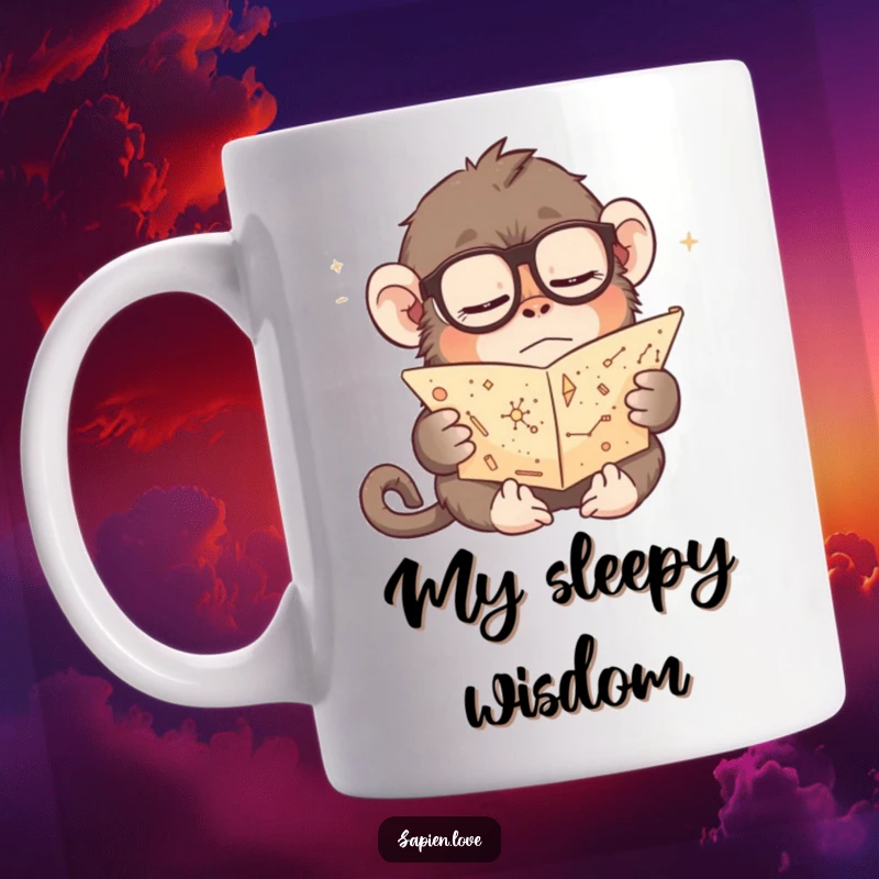 Funny mug with a sleepy monkey in glasses reading a small scroll showing constellations, conveying a whimsical and studious personality for a humorous gift.