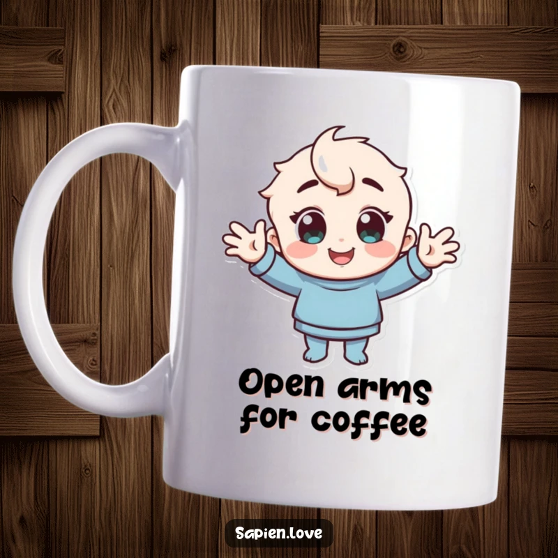Funny Mug: A character with cheerful eyes extends a warm greeting with open arms.