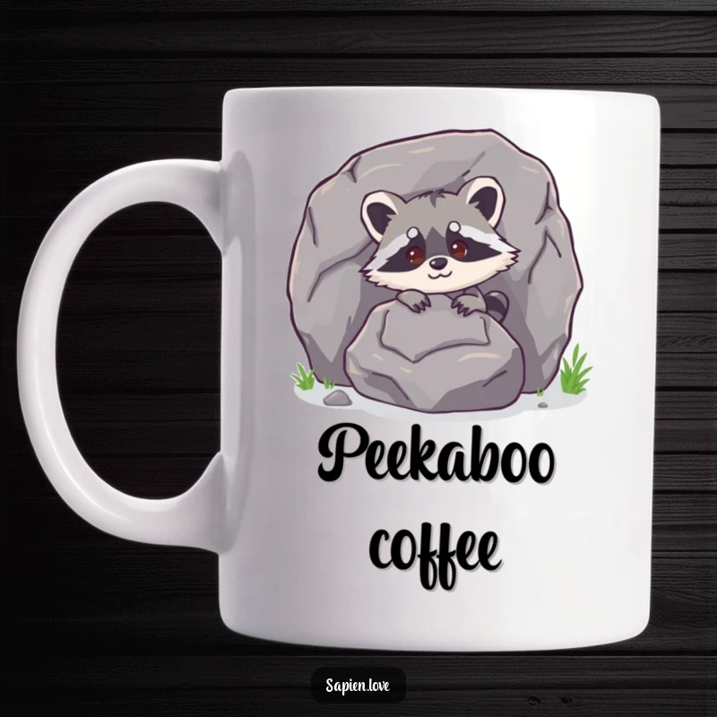 Funny bipedal raccoon character peeking playfully from behind a large rock on a coffee mug, conveying curiosity.