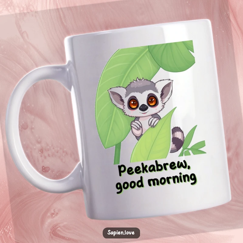 Funny kawaii lemur mug, a shy character peeking from behind a large jungle leaf, adorable humorous gift.