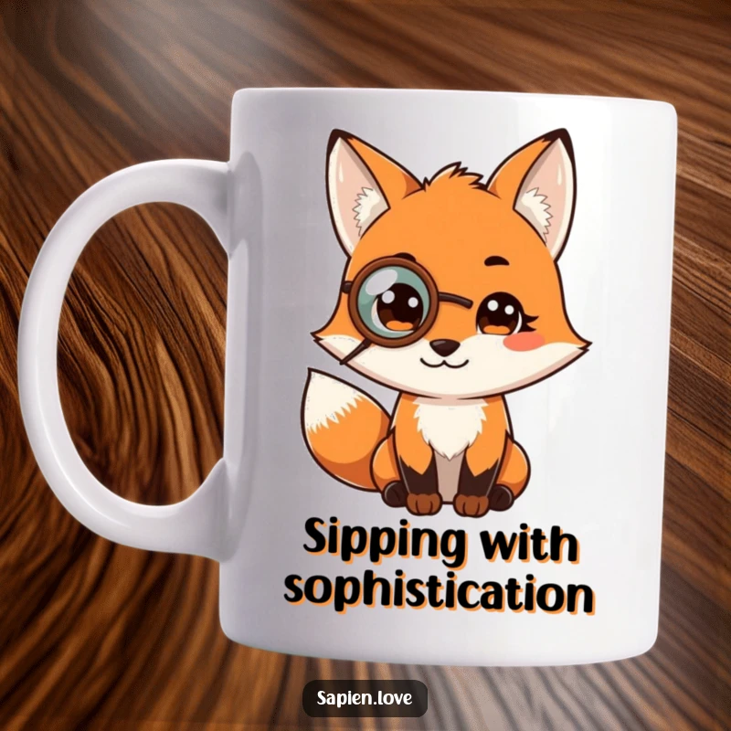 Funny mug showing a wise fox character wearing a monocle, contemplating profound thoughts with an amusingly intelligent expression.