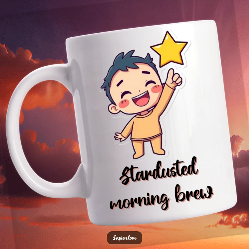 Funny Mug: A stylized kawaii human with a huge, delighted grin reaches up joyfully towards a shining star, full of hope.