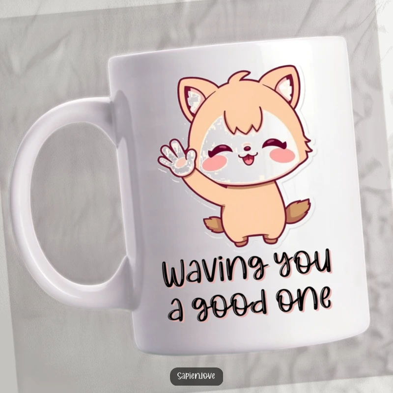 Funny Mug: A delightful character with animal ears and a big smile enthusiastically waves hello, radiating pure happiness.
