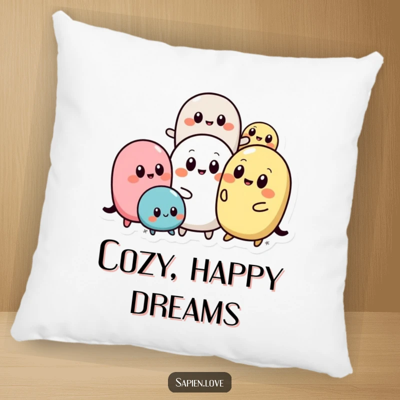 Funny Abstract Pals pillow featuring rounded abstract shapes with simple eyes, playfully interacting, perfect for adding a humorous and comfortable touch.