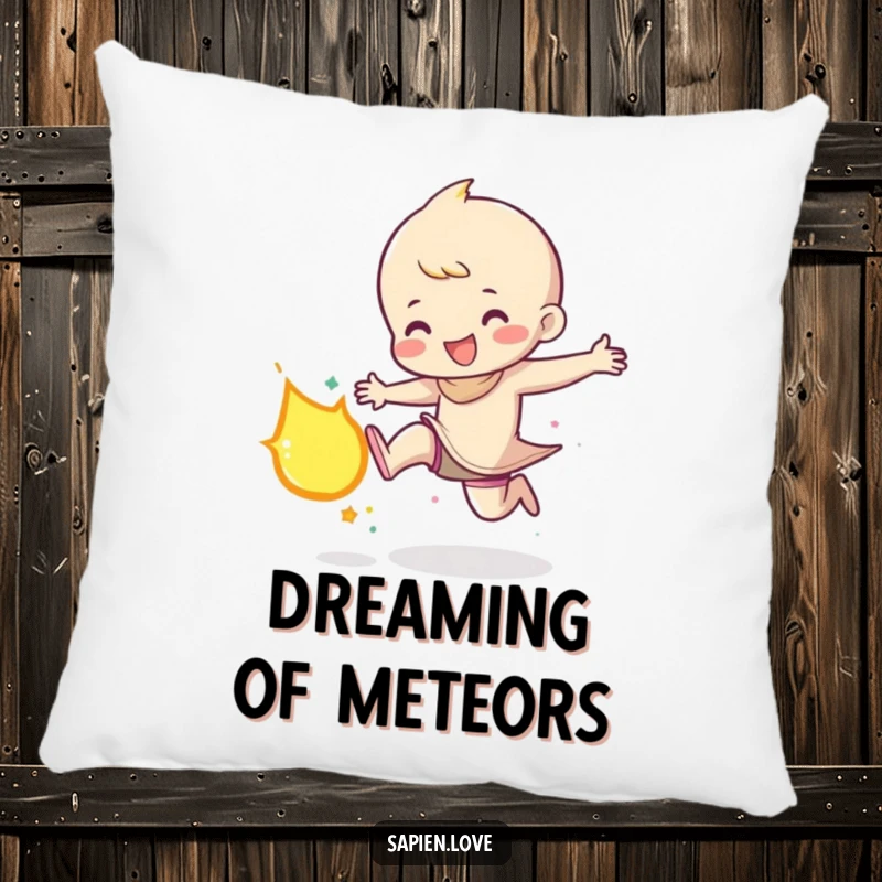 Funny decorative pillow featuring a character gleefully kicking a small, glowing meteor, designed for comfort and adding a touch of adventurous humor.