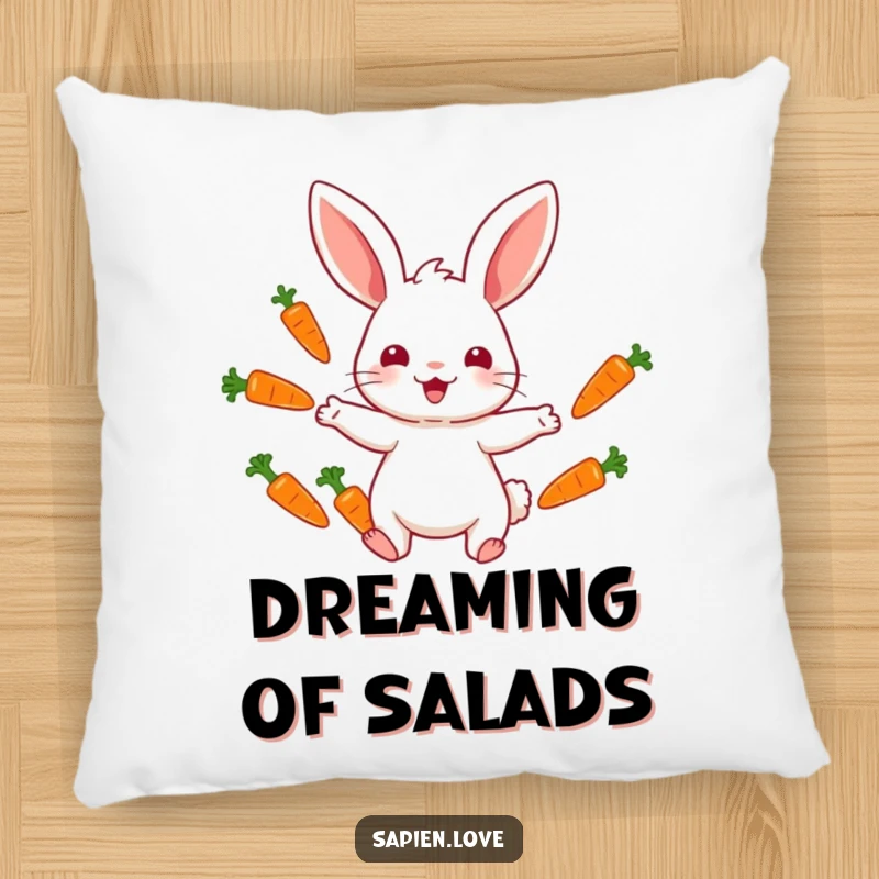 Funny pillow with a rabbit character juggling colorful carrots, offering plush comfort and a touch of amusing whimsy.
