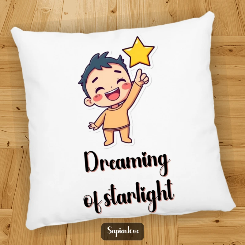 Funny Pillow: A stylized kawaii human character with a delighted expression is reaching upwards, aiming to catch a bright star.