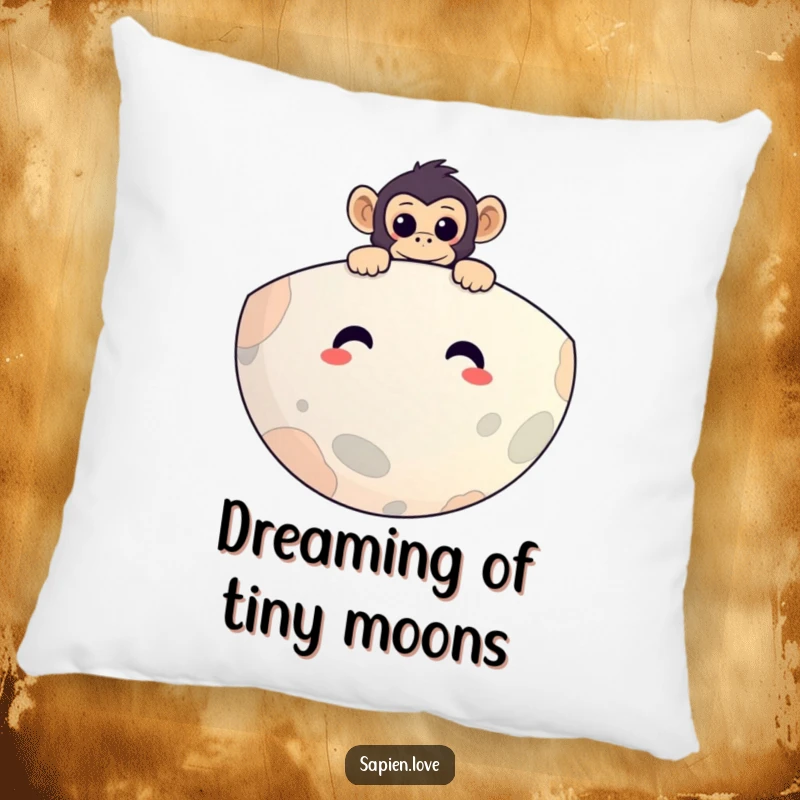 Funny pillow featuring a curious primate peeking over a smiling planet, offering both comfort and a humorous, whimsical aesthetic.