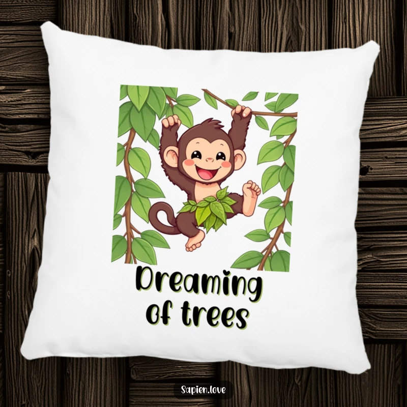 Funny kawaii primate pillow, a happy character swinging from a vine, soft comfortable humorous gift.