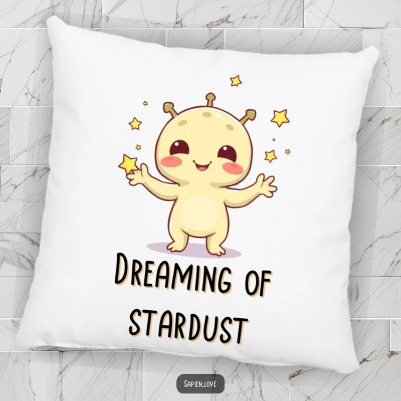 Funny pillow featuring a smiling alien creature juggling twinkling stars, bringing a touch of cosmic fun to any room.
