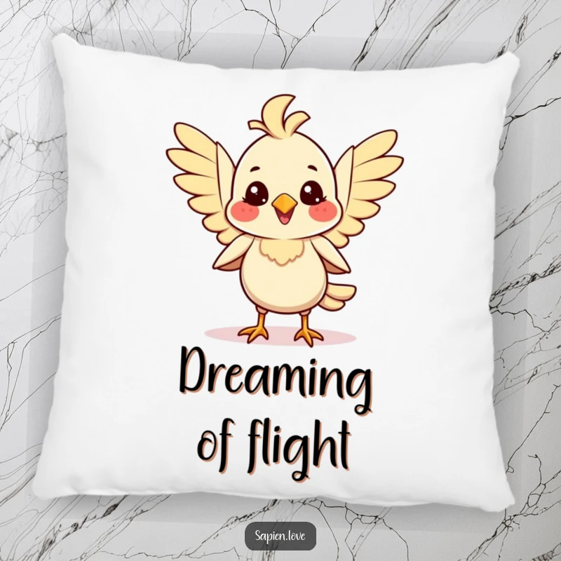 Smiling bipedal avian creature flapping its wings with joy on a plush pillow, offering comfort and cheerfulness.