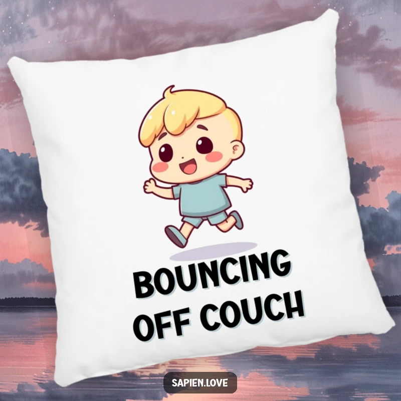 Funny Pillow: A human character is depicted with an excited bounce, adding a touch of playful motion and joy to any room.