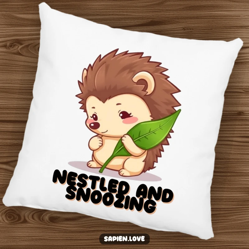 Funny Hedgehog Pillow featuring a curious hedgehog character focused on a leaf, offering comfort and a natural theme.
