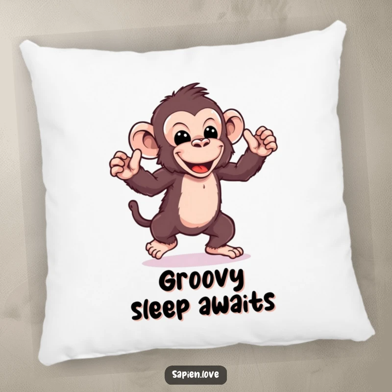 Funny kawaii ape dance pillow, a playful character doing a silly dance, soft comfortable humorous gift.