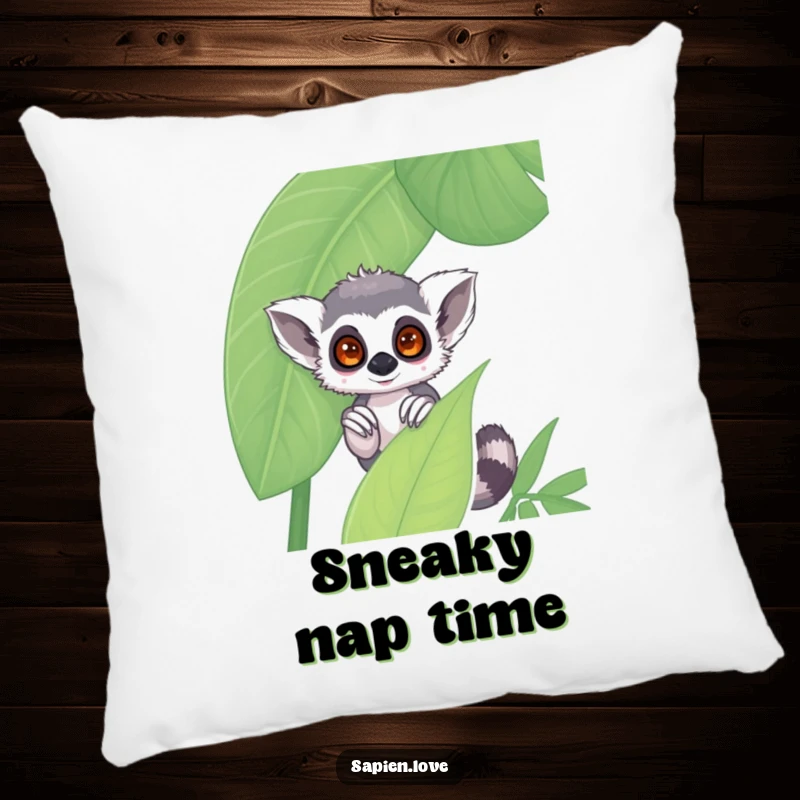 Funny kawaii lemur pillow, a shy character peeking from behind a leaf, soft comfortable humorous gift.