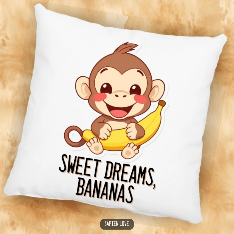 Funny kawaii monkey banana pillow, a cheerful character offering a banana, soft comfortable humorous gift.