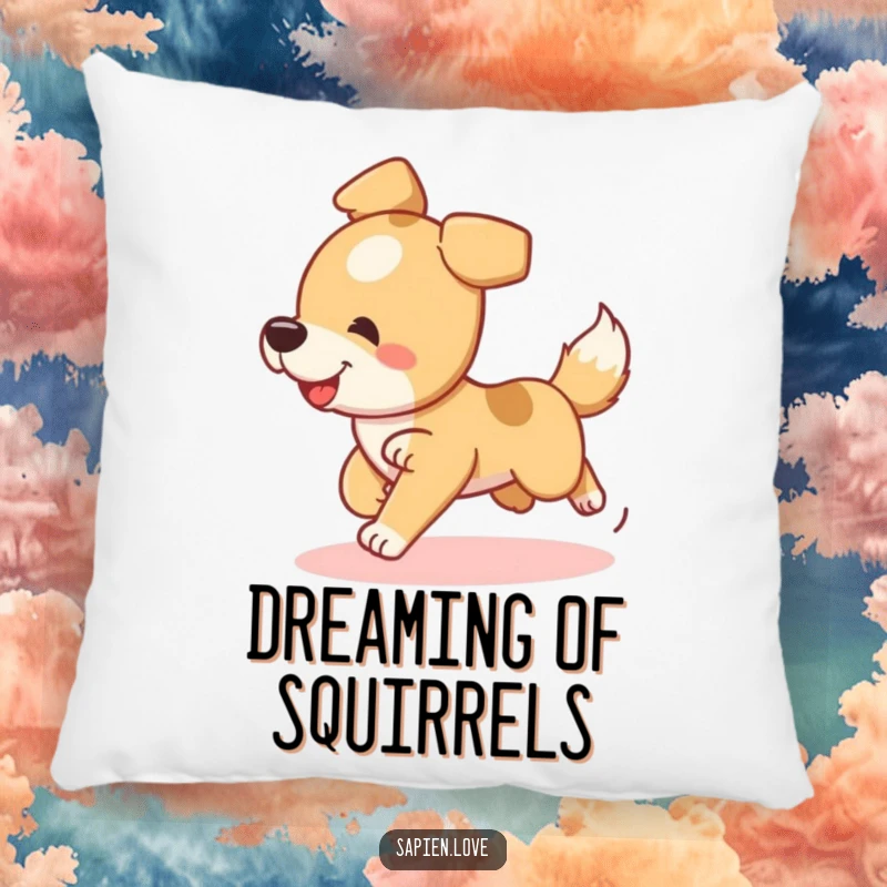 Funny Dog Pillow featuring a playful dog character chasing its tail, providing comfort and canine silliness.