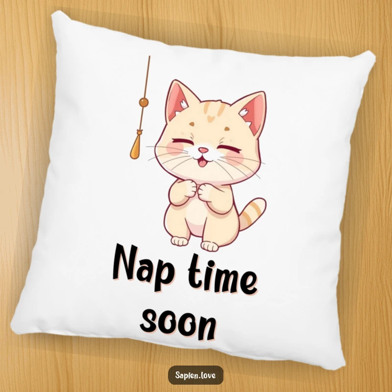 Funny Cat Pillow featuring a playful cat character batting at a dangling string, offering comfort and feline charm.