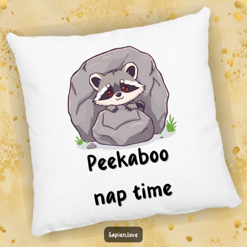 Funny bipedal raccoon character peeking from behind a large rock on a plush pillow, providing comfort and charm.