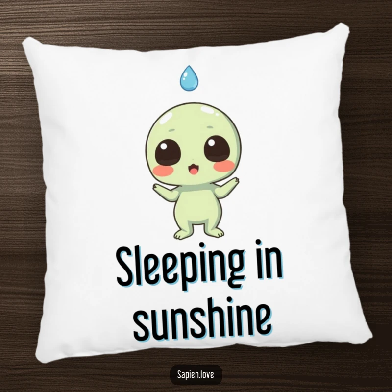 Funny pillow featuring a surprised alien character looking up at a falling, smiling raindrop, adding whimsy.