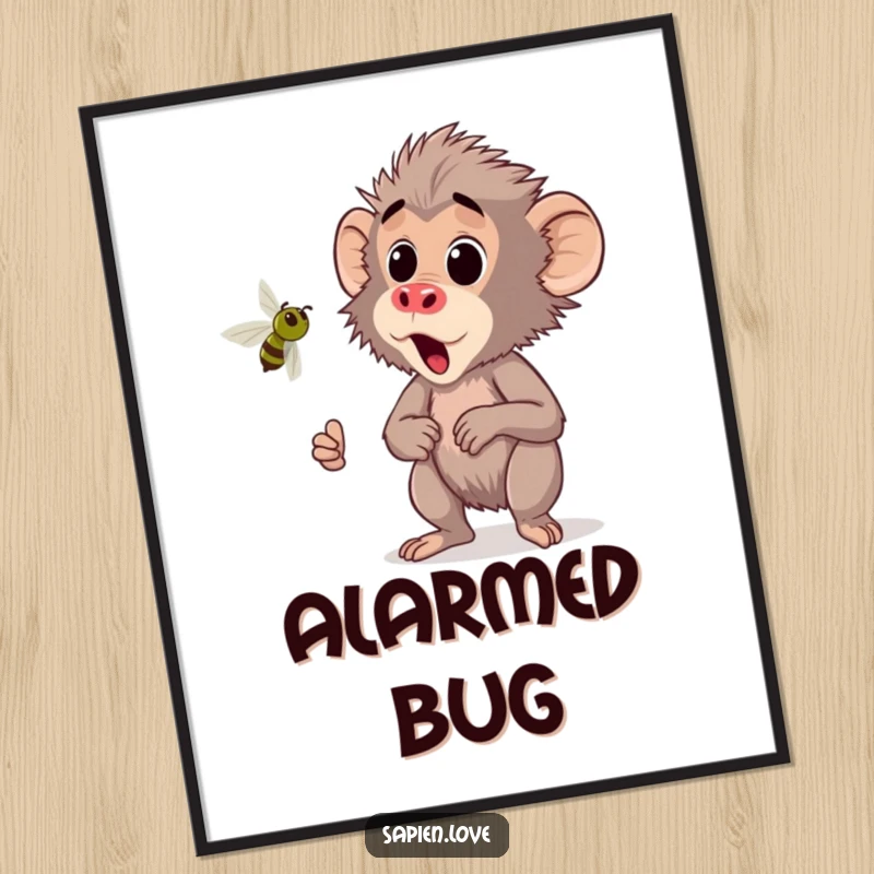 Funny Kawaii Baboon Digital Art Print, a cute baboon startled by a buzzing insect, downloadable humorous artwork.