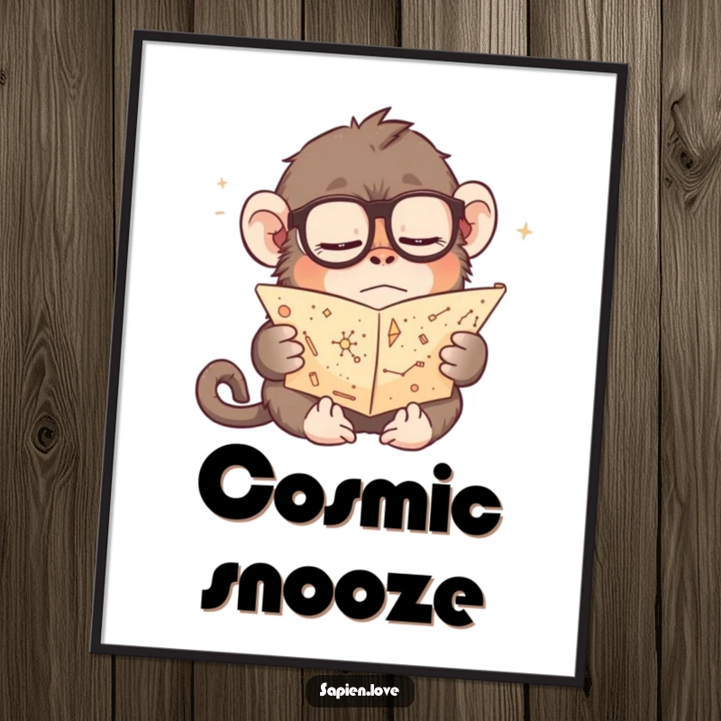 Funny digital art print of a bespectacled, sleepy monkey engrossed in reading a tiny scroll of constellations, perfect for adding a humorous and intellectual focal point.