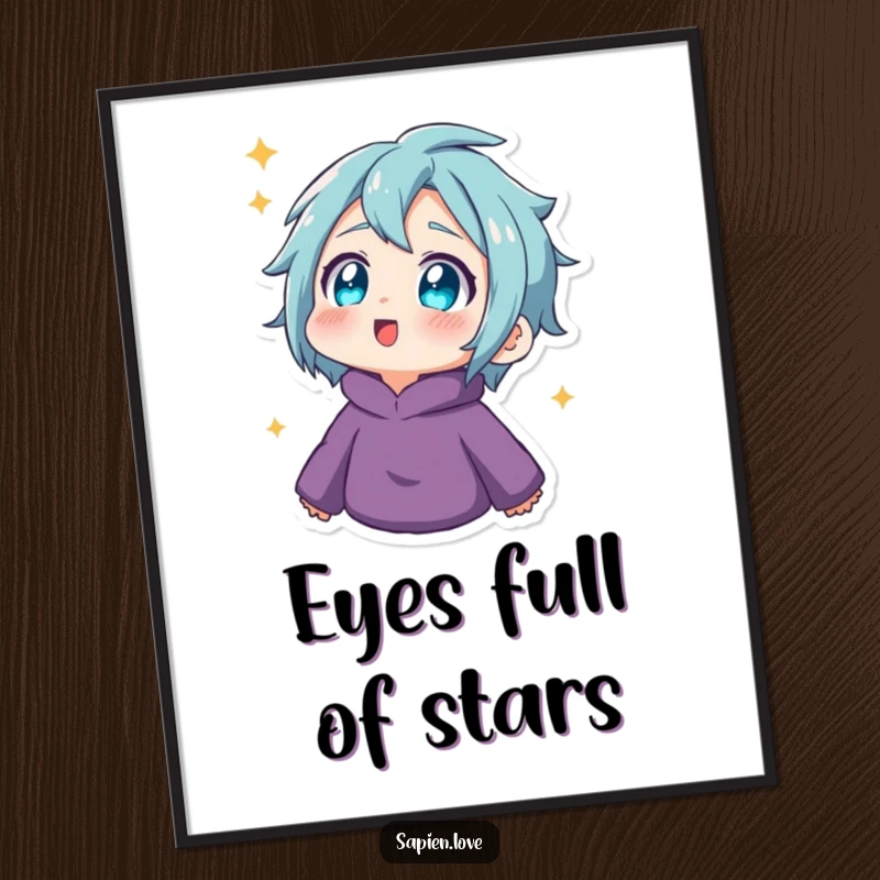 Funny Digital Art Print: A human character with twinkling eyes looks upwards in amazement, conveying a sense of wonder and delightful surprise.