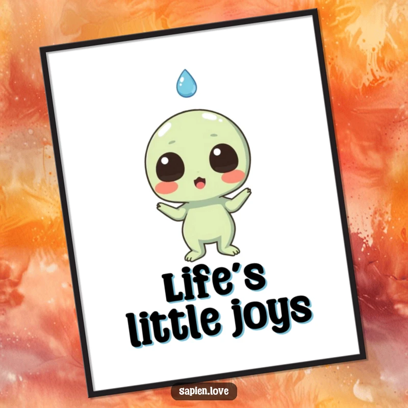 Funny digital art print of a surprised alien character meeting a falling, smiling raindrop, designed for instant digital whimsy.