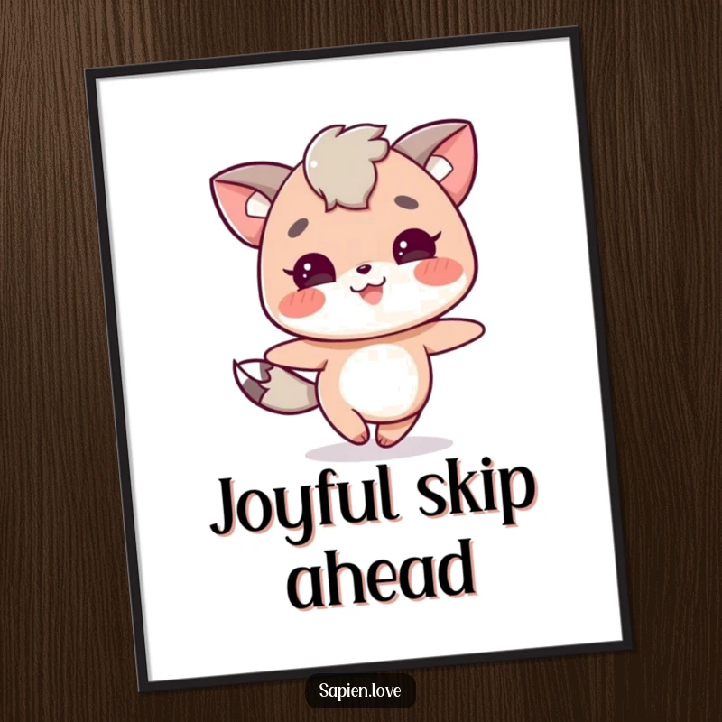 Funny digital art print of a joyful character with animal traits skipping with delight. A cheerful piece for gifting.