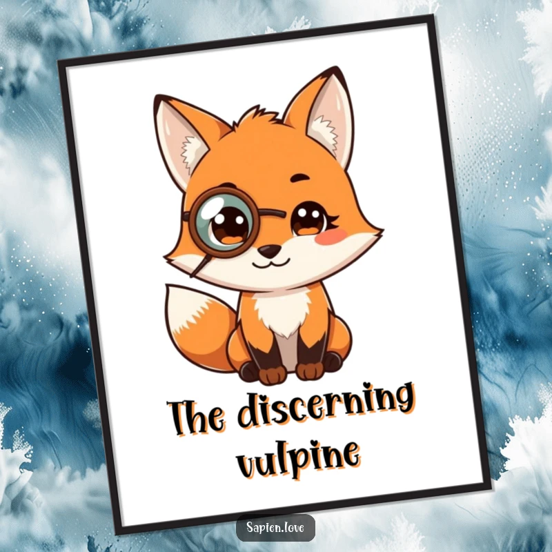 Funny digital art print of a fox character wearing a monocle, offering instant downloadable sophisticated and amusing wall decor.