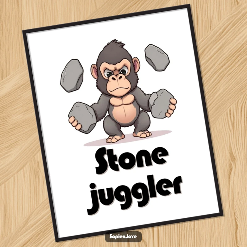Funny Kawaii Gorilla Digital Art Print, a determined gorilla juggling stones, downloadable humorous artwork.