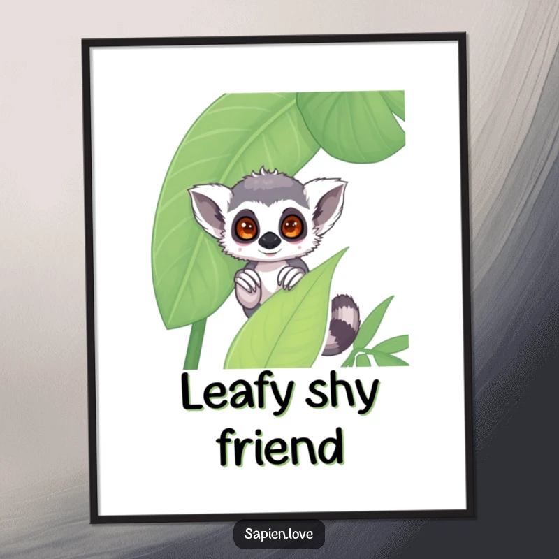 Funny kawaii lemur digital art, a shy character peeking from behind a jungle leaf, printable humorous artwork.