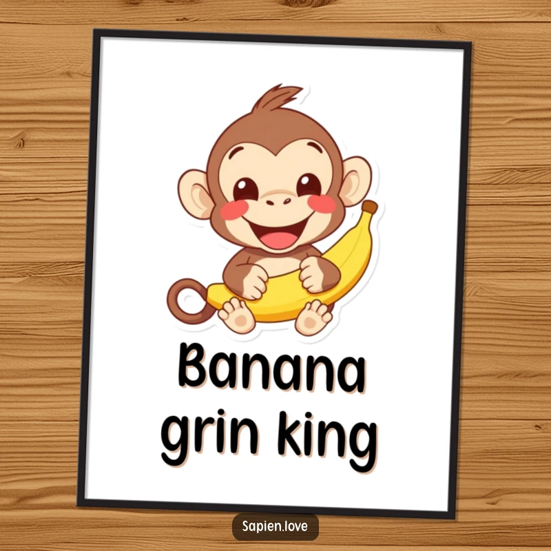 Funny kawaii monkey banana digital art, a cheerful character offering a banana with a wide grin, printable humorous artwork.