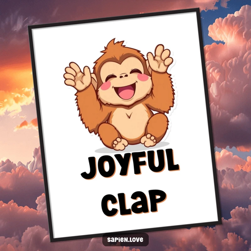Funny Kawaii Orangutan Digital Art Print, a cute orangutan clapping with joy, downloadable humorous artwork.