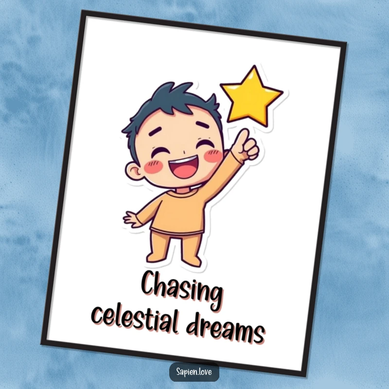 Funny Digital Art Print: A kawaii human with a delighted expression reaches towards a shining star, embodying hope and humor.