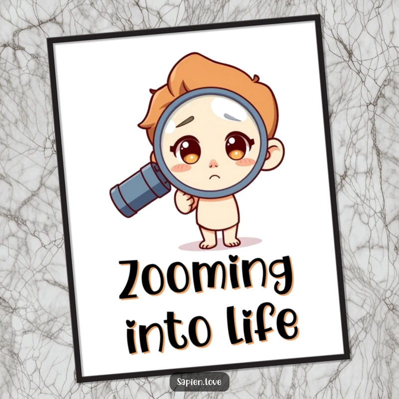 Funny Digital Art Print: A human character with a curious expression uses a magnifying glass, offering a humorous and intriguing visual.