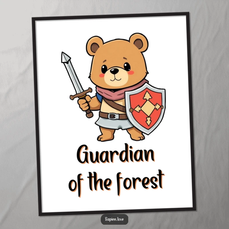 Funny digital art print of a bear character holding a sword and shield, offering instant downloadable heroic and amusing wall decor.