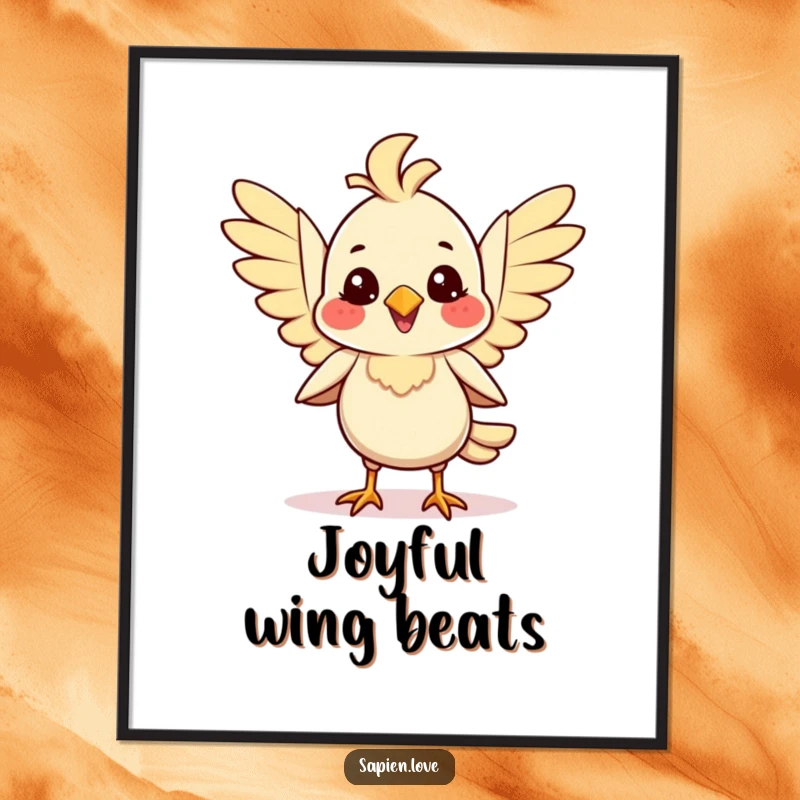 Smiling bipedal avian creature flapping its wings with joy, high-resolution digital art print for cheerful decor.