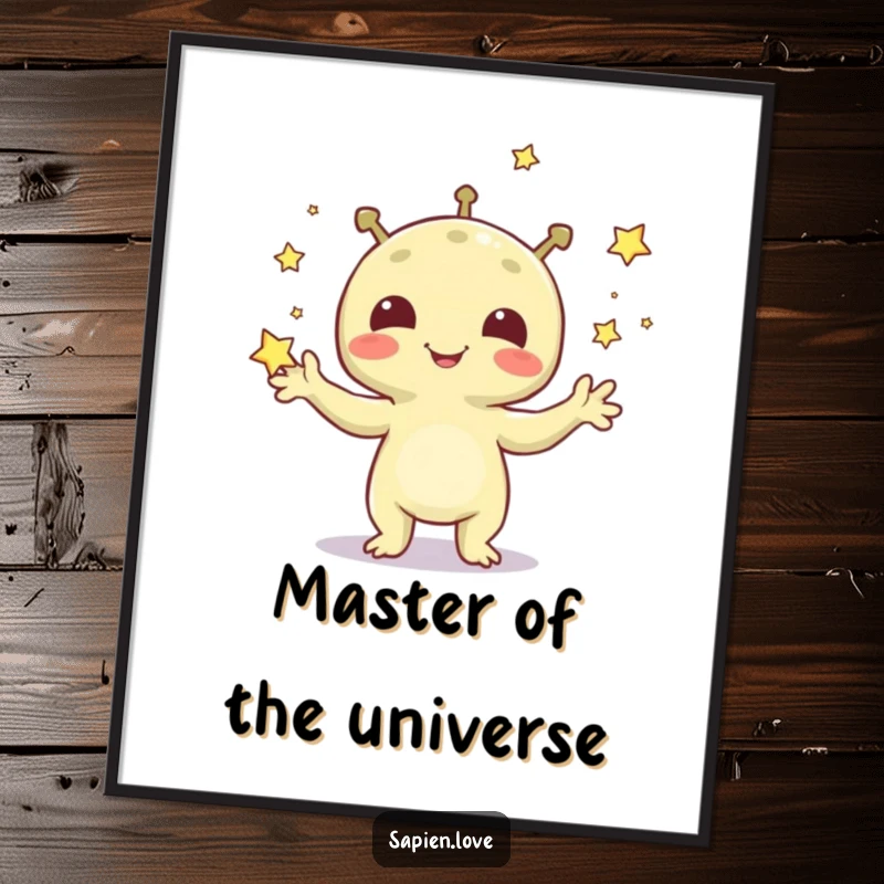 Funny digital art of a cheerful alien creature juggling tiny stars, designed for instant download and cosmic enjoyment.