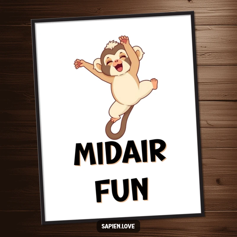 Funny Kawaii Gibbon Digital Art Print, a cute gibbon doing a somersault with a giggle, downloadable humorous artwork.