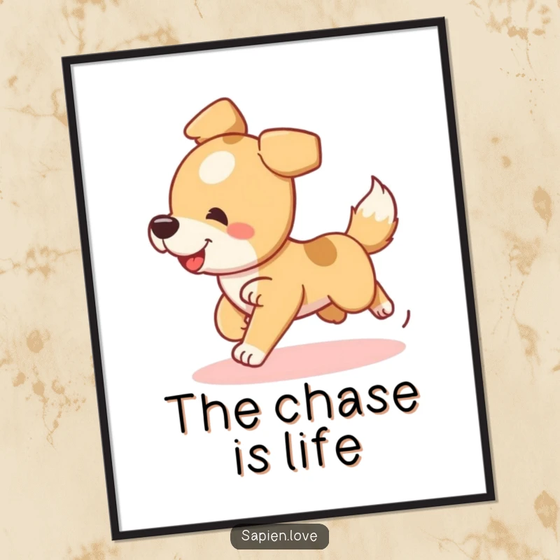 Funny Dog Digital Art Print of a playful dog character chasing its tail, perfect for instant humorous decor.