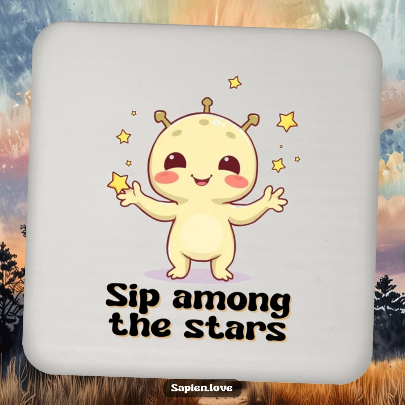 Funny drink coasters featuring a grinning alien creature juggling tiny stars, protecting tables with cosmic flair.