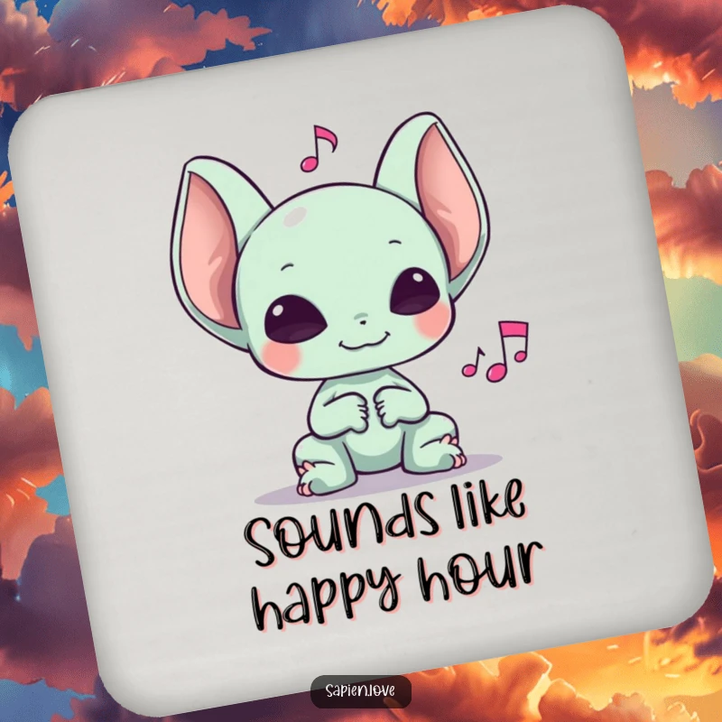 Funny drink coasters featuring an alien with large ears happily listening to a musical note, protecting tables with charm.
